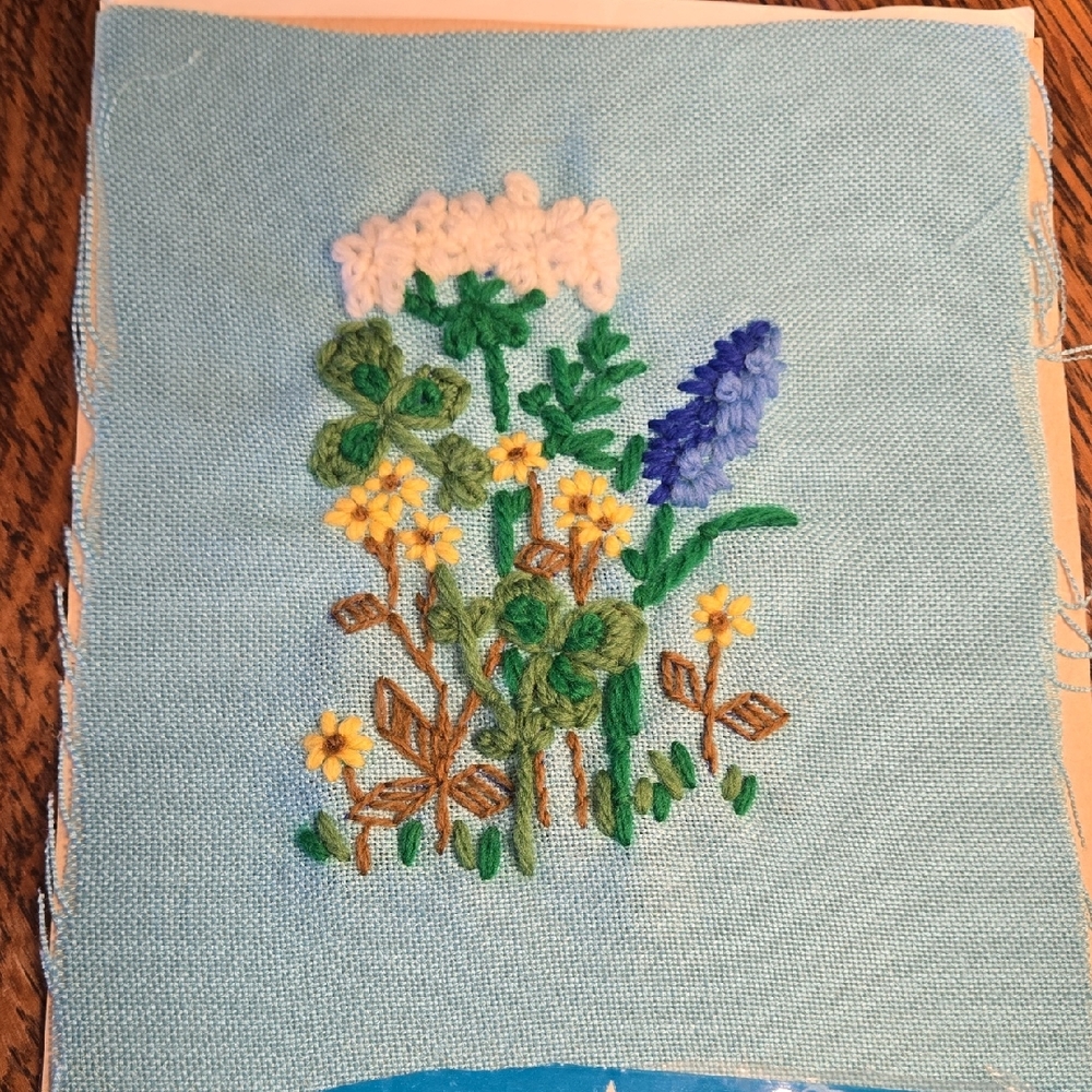 Embroidered Floral Patch on Blue Fabric